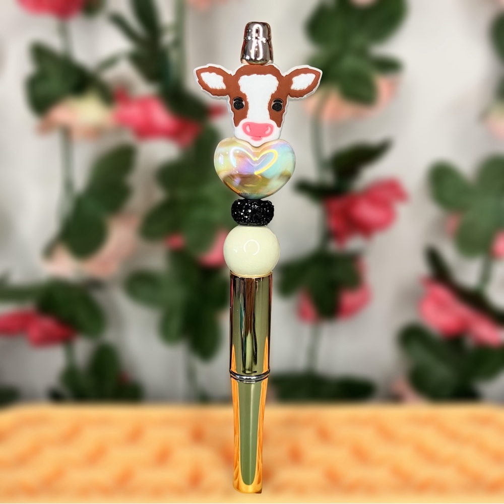 Cute Cow Handmade Beaded Pen with Heart Design - Picture 1 of 6
